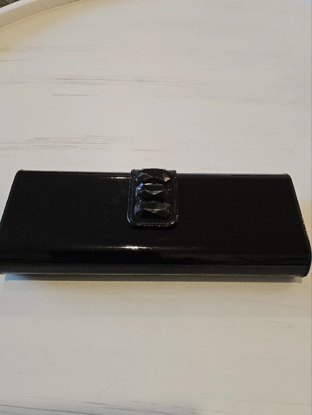 Lancome Black Patent Clutch with Faceted Gem Accent
